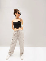 Women Light Grey Flap Pocket Cargo Parachute Pants