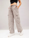 Women Light Grey Flap Pocket Cargo Parachute Pants