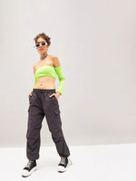 Women Grey Pleated Knee Cargo Parachute Pants