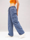 Women Blue Flap Pocket Cargo Parachute Pants