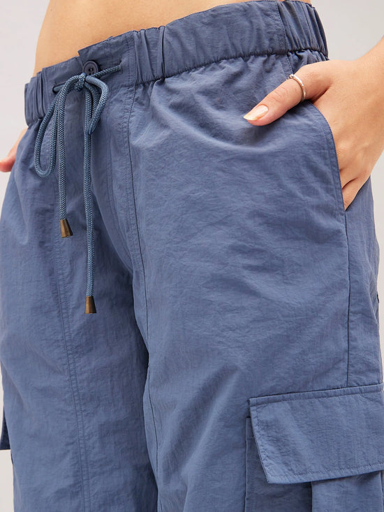 Women Blue Flap Pocket Cargo Parachute Pants