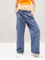 Women Blue Flap Pocket Cargo Parachute Pants