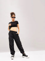 Women Black Pleated Knee Cargo Parachute Pants