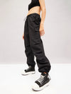 Women Black Pleated Knee Cargo Parachute Pants