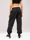 Women Black Pleated Knee Cargo Parachute Pants