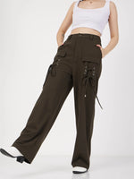 Women Olive Cris Cross Pocket Detail Cargo Pants