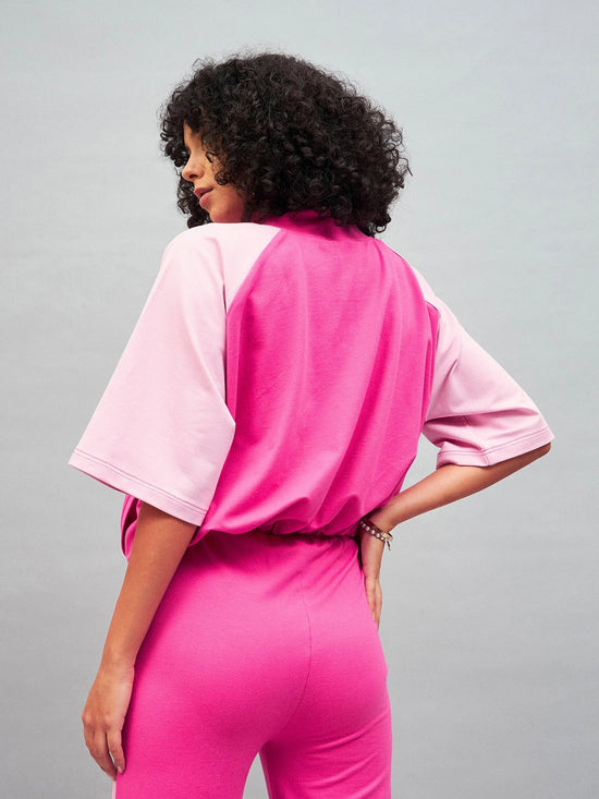 Women Color Blocked Standard Pink Full Sleeve Jacket