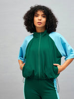 Women Color Blocked Standard Green Full Sleeve Jacket