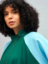 Women Color Blocked Standard Green Full Sleeve Jacket