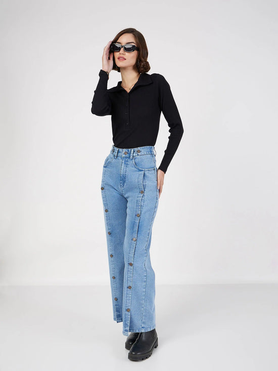 Women Blue Front Button Straight Jeans-SFJEAN0449XS