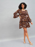 Women Brown Floral Lace Insert Mini Dress