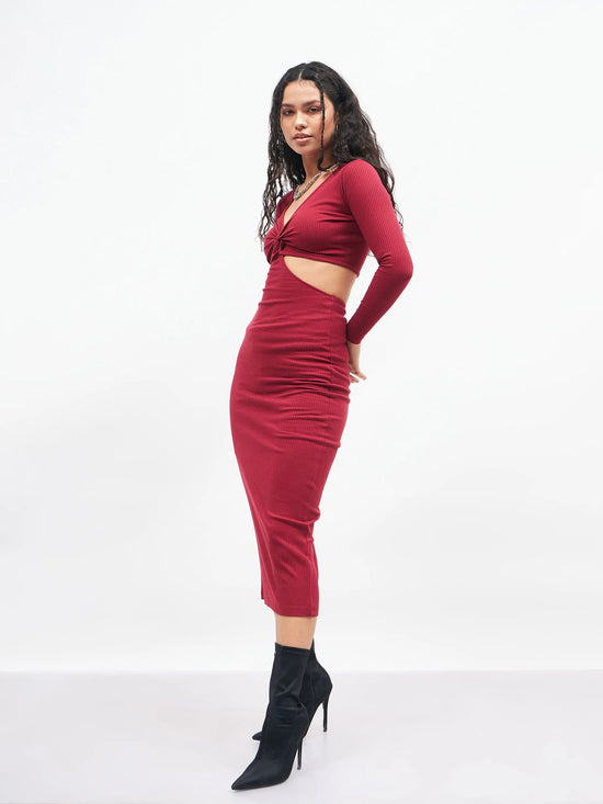 Women Maroon Rib Waist Cut Out Maxi Dress