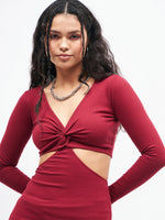 Women Maroon Rib Waist Cut Out Maxi Dress