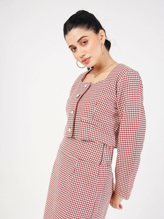 Women Red Houndstooth Tweed Square Neck Top