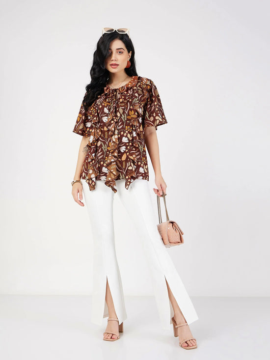 Women Brown Floral Front Tie-Neck Ruffle Top