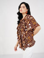 Women Brown Floral Front Tie-Neck Ruffle Top