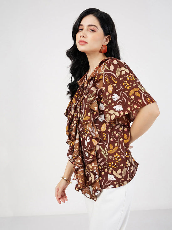 Women Brown Floral Front Tie-Neck Ruffle Top