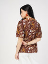 Women Brown Floral Front Tie-Neck Ruffle Top