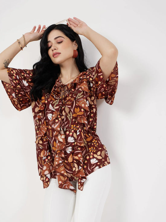 Women Brown Floral Front Tie-Neck Ruffle Top