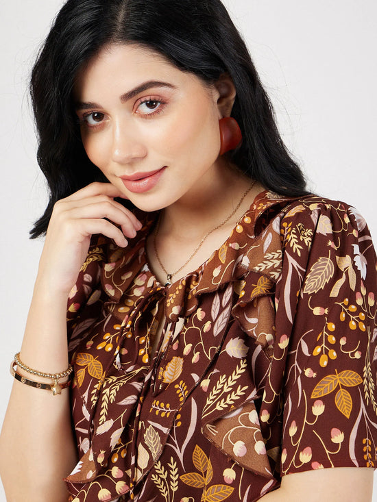 Women Brown Floral Front Tie-Neck Ruffle Top