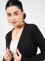 Women Black Rib Front Open Shrug