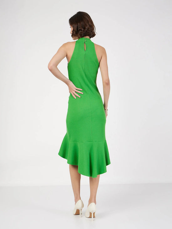 Women Green Rib Fish Frill Bodycon Midi Dress