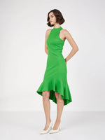 Women Green Rib Fish Frill Bodycon Midi Dress