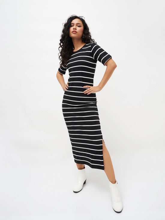 Women Black White Stripe Maxi