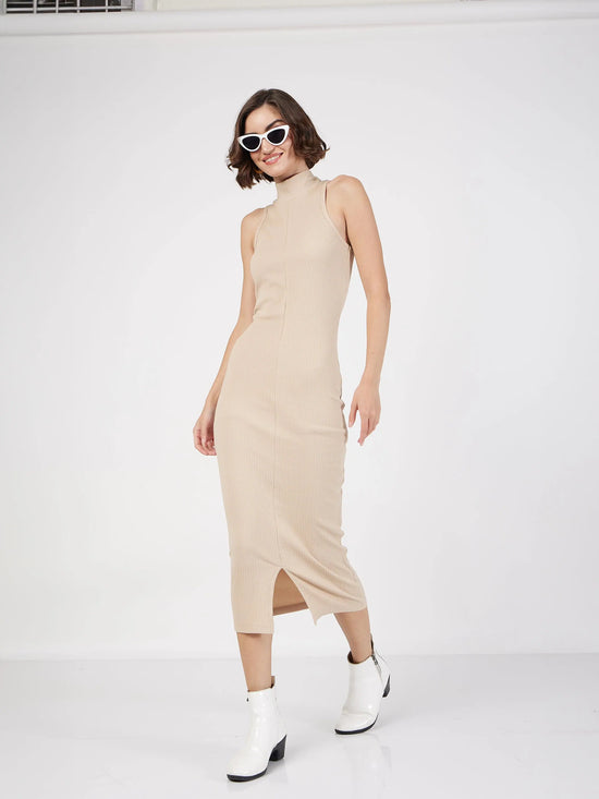 Women Beige Rib Turtle Neck Sleeveless Midi Dress