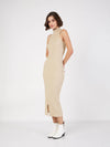 Women Beige Rib Turtle Neck Sleeveless Midi Dress