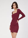 Women Maroon Rib Square Neck Short Dress