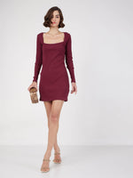 Women Maroon Rib Square Neck Short Dress