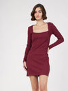 Women Maroon Rib Square Neck Short Dress