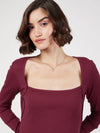 Women Maroon Rib Square Neck Short Dress