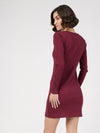 Women Maroon Rib Square Neck Short Dress