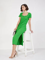 Women Green Rib V-Neck Midi Dress