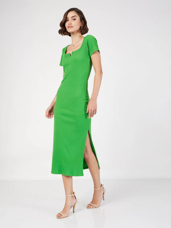 Women Green Rib V-Neck Midi Dress