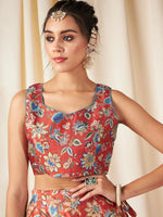 Women Orange Floral Anarkali Skirt With Crop Top