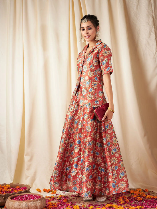 Women Orange Floral Anarkali Skirt With Blazer