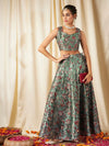 Women Olive Floral Anarkali Skirt With Crop Top