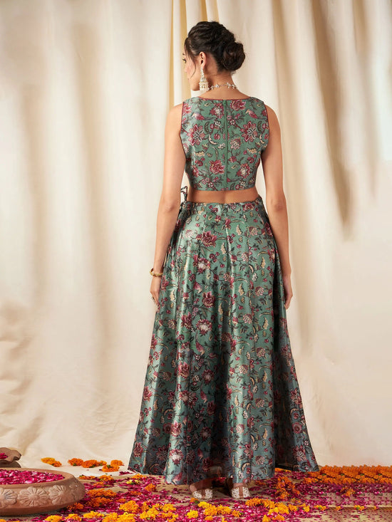 Women Olive Floral Anarkali Skirt With Crop Top