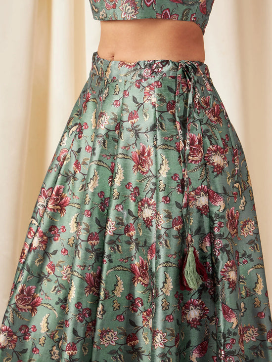 Women Olive Floral Anarkali Skirt With Crop Top