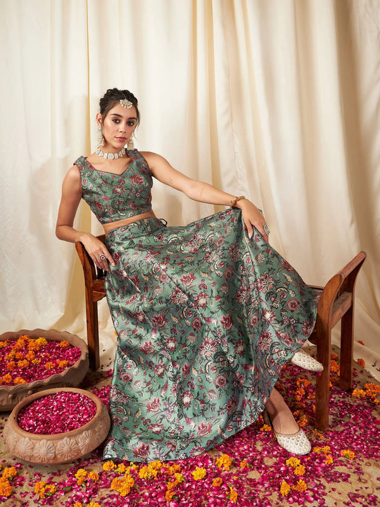 Women Olive Floral Anarkali Skirt With Crop Top