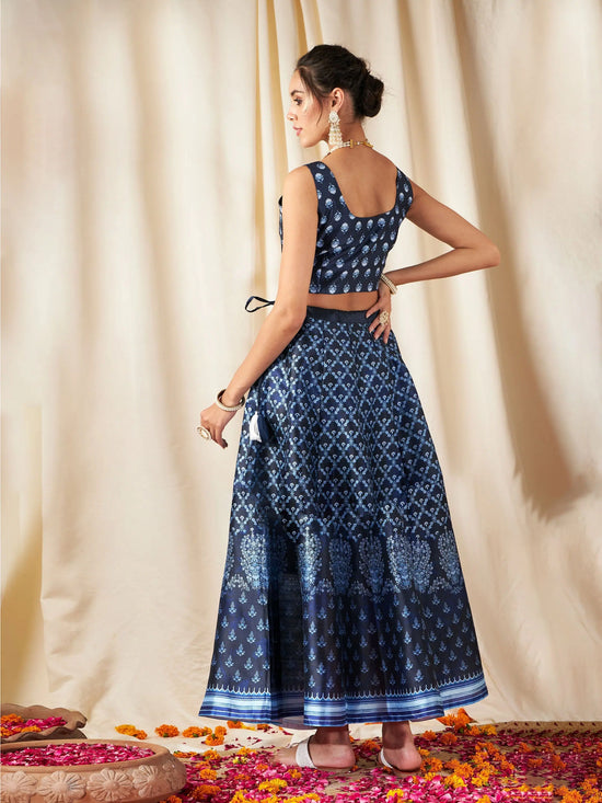 Women Navy Floral Anarkali Skirt With Crop Top