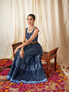 Women Navy Floral Anarkali Skirt With Crop Top