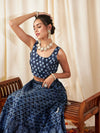 Women Navy Floral Anarkali Skirt With Crop Top