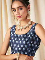 Women Navy Floral Anarkali Skirt With Crop Top