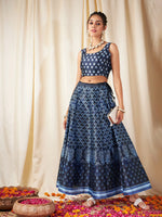 Women Navy Floral Anarkali Skirt With Crop Top