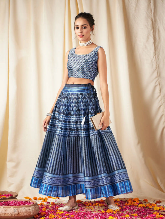 Women Navy Chevron Anarkali Skirt With Crop Top