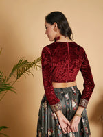 Women Maroon Velvet Embroidered Crop Top